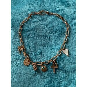 Gold Tone Chunky Link Charm Necklace Heart Cross Shell Birdcage Bow Coin Jewelry